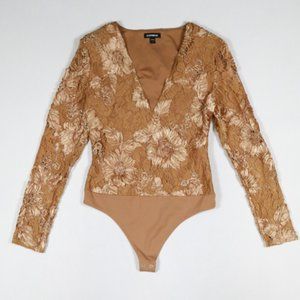 Express Tan Lace Embroidered V-Neck Long Sleeve Thong Bodysuit